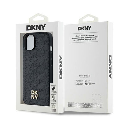 DKNY Leather Monogram Pattern Metal Logo MagSafe Case for iPhone 15/14/13 - Black