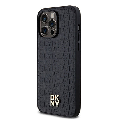 DKNY Leather Monogram Pattern Metal Logo MagSafe Case for iPhone 14 Pro Max - Black