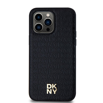 DKNY Leather Monogram Pattern Metal Logo MagSafe Case for iPhone 14 Pro Max - Black