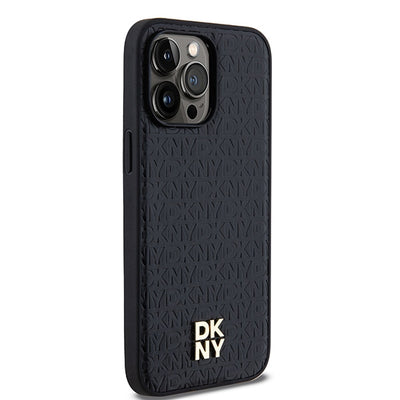 DKNY Leather Monogram Pattern Metal Logo MagSafe Case for iPhone 14 Pro Max - Black