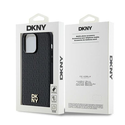 DKNY Leather Monogram Pattern Metal Logo MagSafe Case for iPhone 14 Pro Max - Black