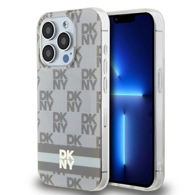 DKNY IML Checkered Mono Pattern &amp; Printed Stripes MagSafe case for iPhone 15 Pro - beige