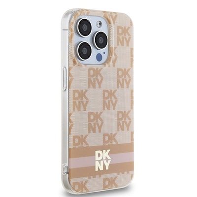 DKNY IML Checkered Mono Pattern &amp; Printed Stripes MagSafe case for iPhone 15 Pro - pink