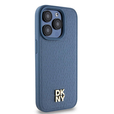 DKNY Leather Monogram Pattern Metal Logo MagSafe Case for iPhone 15 Pro - Blue