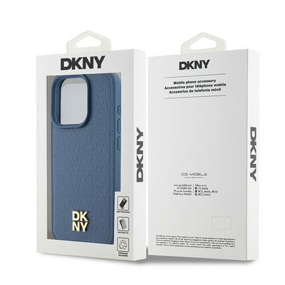DKNY Leather Monogram Pattern Metal Logo MagSafe Case for iPhone 15 Pro - Blue