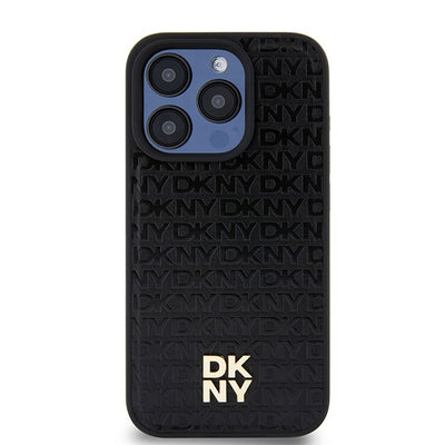 DKNY Leather Monogram Pattern Metal Logo MagSafe Case for iPhone 15 Pro - Black