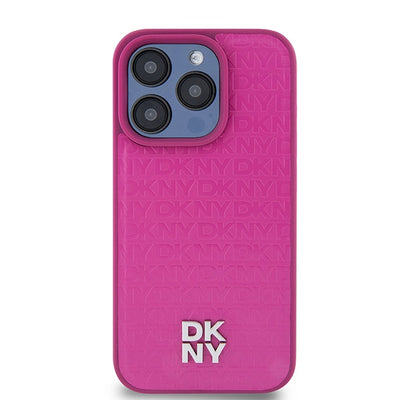 DKNY Leather Monogram Pattern Metal Logo MagSafe Case for iPhone 15 Pro - Pink