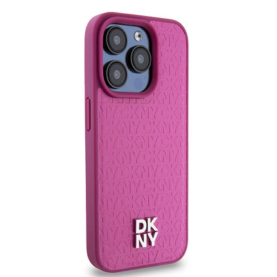 DKNY Leather Monogram Pattern Metal Logo MagSafe Case for iPhone 15 Pro - Pink