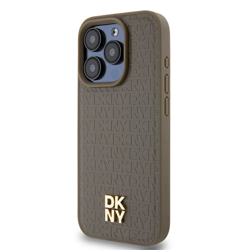 DKNY Leather Monogram Pattern Metal Logo MagSafe Case for iPhone 15 Pro - Brown