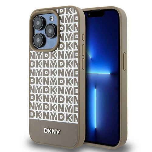 DKNY Leather Printed Pattern Metal Logo MagSafe Case for iPhone 15 Pro - Brown