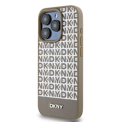 DKNY Leather Printed Pattern Metal Logo MagSafe Case for iPhone 15 Pro - Brown