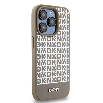 DKNY Leather Printed Pattern Metal Logo MagSafe Case for iPhone 15 Pro - Brown
