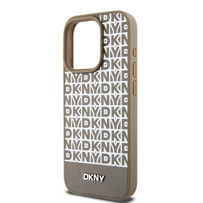 DKNY Leather Printed Pattern Metal Logo MagSafe Case for iPhone 15 Pro - Brown