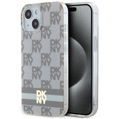 DKNY IML Checkered Mono Pattern &amp; Printed Stripes MagSafe Case for iPhone 15 Plus / 14 Plus - Beige