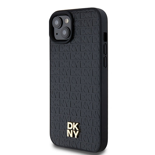 DKNY Leather Monogram Pattern Metal Logo MagSafe Case for iPhone 15 Plus / 14 Plus - Black