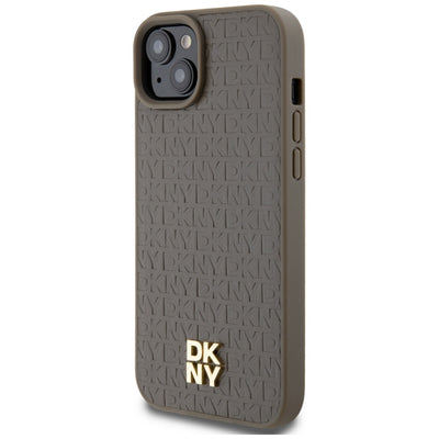 DKNY Leather Pattern Metal Logo MagSafe Case for iPhone 15 Plus / 14 Plus - Brown