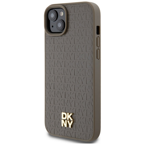 DKNY Leather Pattern Metal Logo MagSafe Case for iPhone 15 Plus / 14 Plus - Brown