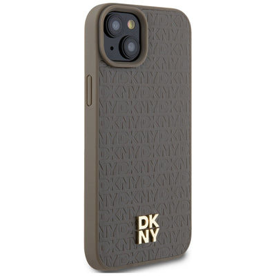 DKNY Leather Pattern Metal Logo MagSafe Case for iPhone 15 Plus / 14 Plus - Brown