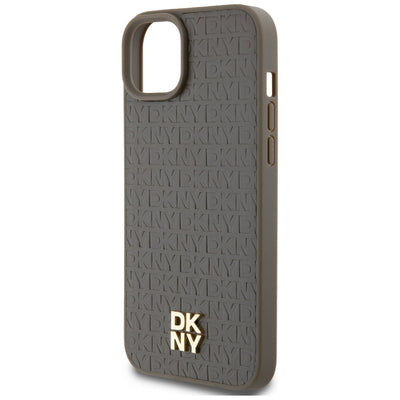 DKNY Leather Pattern Metal Logo MagSafe Case for iPhone 15 Plus / 14 Plus - Brown
