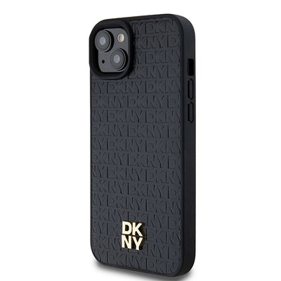 DKNY Leather Pattern Metal Logo MagSafe Case for iPhone 15/14/13 - Black
