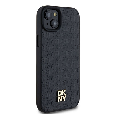DKNY Leather Pattern Metal Logo MagSafe Case for iPhone 15/14/13 - Black