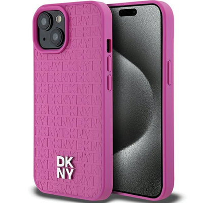 DKNY Leather Pattern Metal Logo MagSafe Case for iPhone 15 / 14 / 13 - Pink