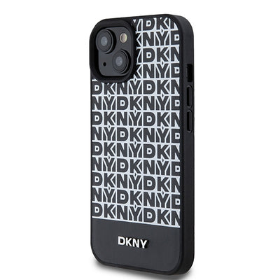 DKNY Leather Printed Pattern Metal Logo MagSafe Case for iPhone 15/14/13 - Black