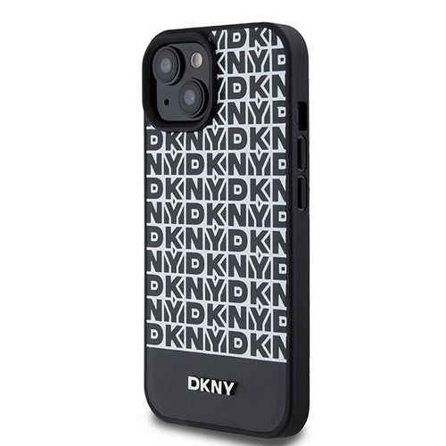 DKNY Leather Printed Pattern Metal Logo MagSafe Case for iPhone 15/14/13 - Black