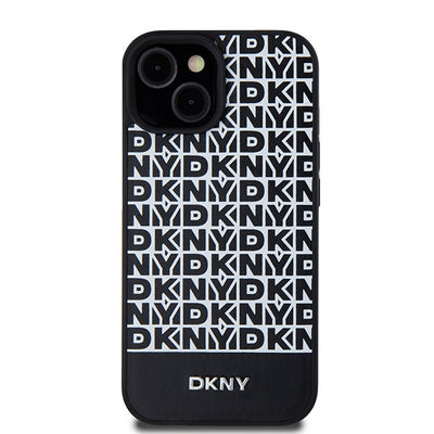 DKNY Leather Printed Pattern Metal Logo MagSafe Case for iPhone 15/14/13 - Black