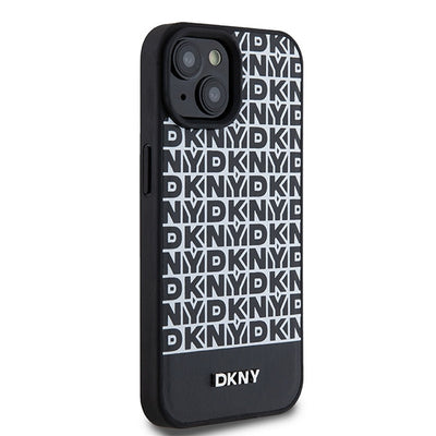 DKNY Leather Printed Pattern Metal Logo MagSafe Case for iPhone 15/14/13 - Black