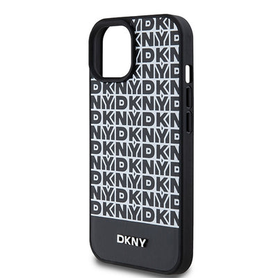 DKNY Leather Printed Pattern Metal Logo MagSafe Case for iPhone 15/14/13 - Black
