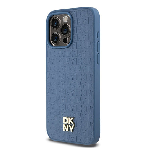 DKNY Leather Monogram Pattern Metal Logo MagSafe Case for iPhone 15 Pro Max - Blue