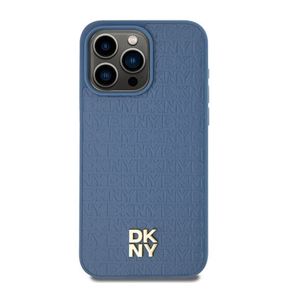 DKNY Leather Monogram Pattern Metal Logo MagSafe Case for iPhone 15 Pro Max - Blue