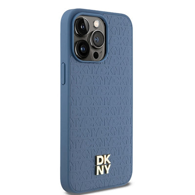 DKNY Leather Monogram Pattern Metal Logo MagSafe Case for iPhone 15 Pro Max - Blue