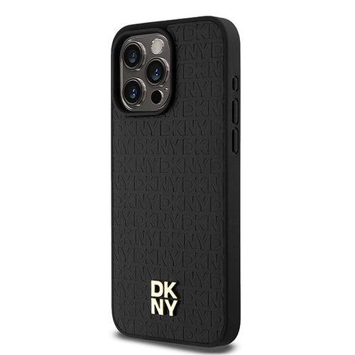 DKNY Leather Monogram Pattern Metal Logo MagSafe Case for iPhone 15 Pro Max - Black