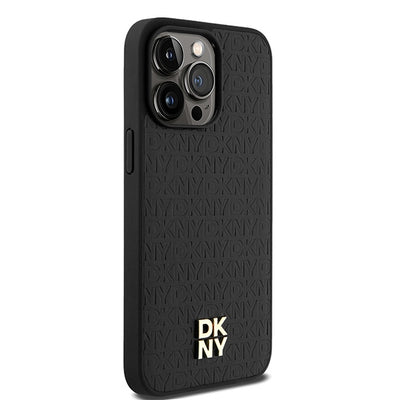 DKNY Leather Monogram Pattern Metal Logo MagSafe Case for iPhone 15 Pro Max - Black