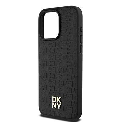 DKNY Leather Monogram Pattern Metal Logo MagSafe Case for iPhone 15 Pro Max - Black