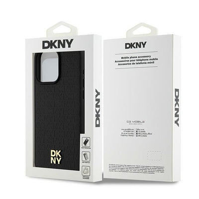 DKNY Leather Monogram Pattern Metal Logo MagSafe Case for iPhone 15 Pro Max - Black