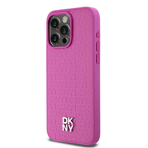 DKNY Leather Monogram Pattern Metal Logo MagSafe Case for iPhone 15 Pro Max - Pink