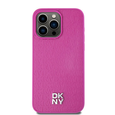 DKNY Leather Monogram Pattern Metal Logo MagSafe Case for iPhone 15 Pro Max - Pink