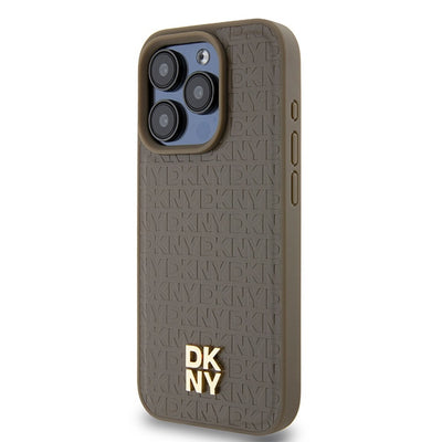 DKNY Leather Pattern Metal Logo MagSafe Case for iPhone 15 Pro Max - Brown