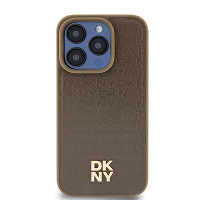 DKNY Leather Pattern Metal Logo MagSafe Case for iPhone 15 Pro Max - Brown