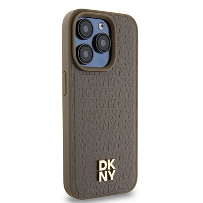 DKNY Leather Pattern Metal Logo MagSafe Case for iPhone 15 Pro Max - Brown