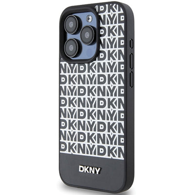 DKNY Leather Printed Pattern Metal Logo MagSafe Case for iPhone 15 Pro Max - Black
