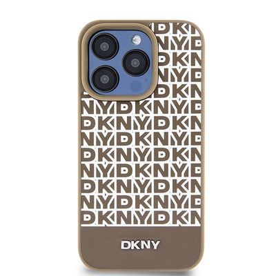 DKNY Leather Printed Pattern Metal Logo MagSafe Case for iPhone 15 Pro Max - Brown