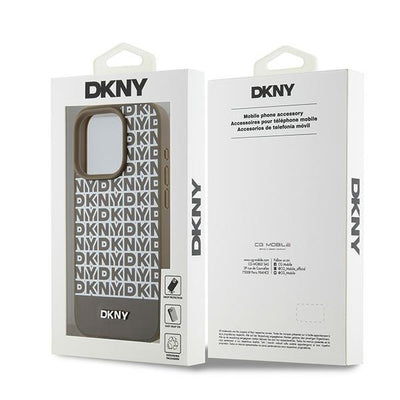 DKNY Leather Printed Pattern Metal Logo MagSafe Case for iPhone 15 Pro Max - Brown