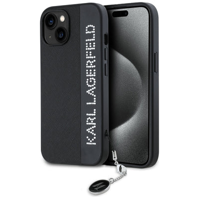 Karl Lagerfeld Saffiano Rhinestones &amp; Charm case for iPhone 15 / 14 / 13 - black
