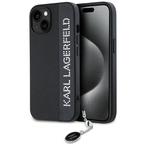Karl Lagerfeld Saffiano Rhinestones &amp; Charm case for iPhone 15 / 14 / 13 - black