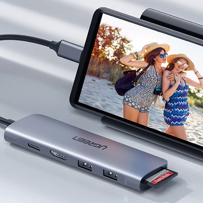 Ugreen CM195 ​​6in1 adapter USB-C - HDMI / 2x USB-A 3.0 / USB-C PD / SD / TF reader - gray