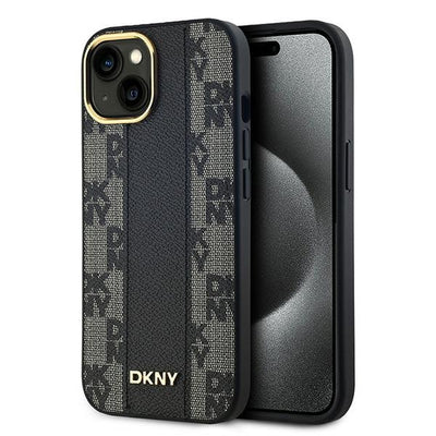 DKNY Leather Checkered Mono Pattern MagSafe Case for iPhone 14/15/13 - Black